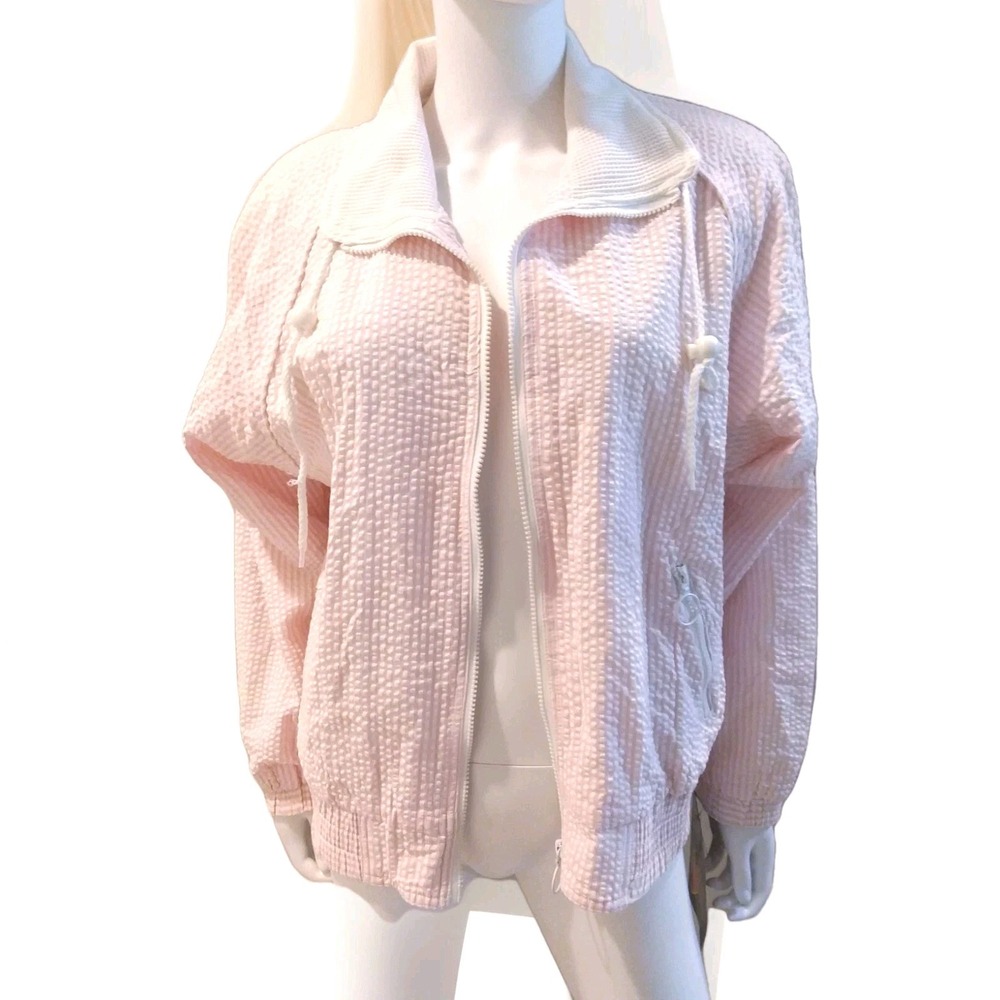 HOT SPICES Jacket Sz Small Shoulder Pads Vtg 90s Pink Cotton Seersucker Striped